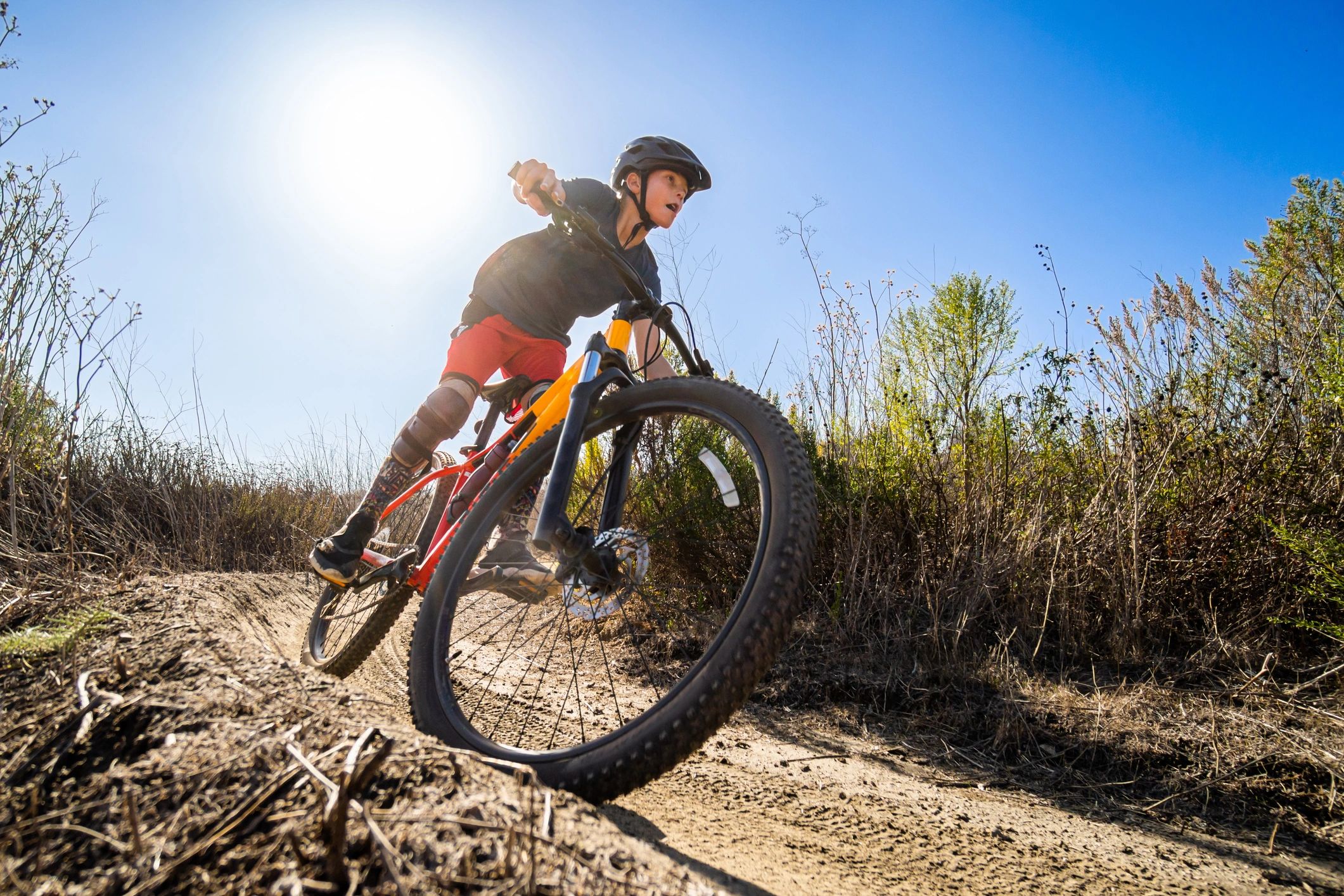 Boy riding a mountain bike in a meadow
