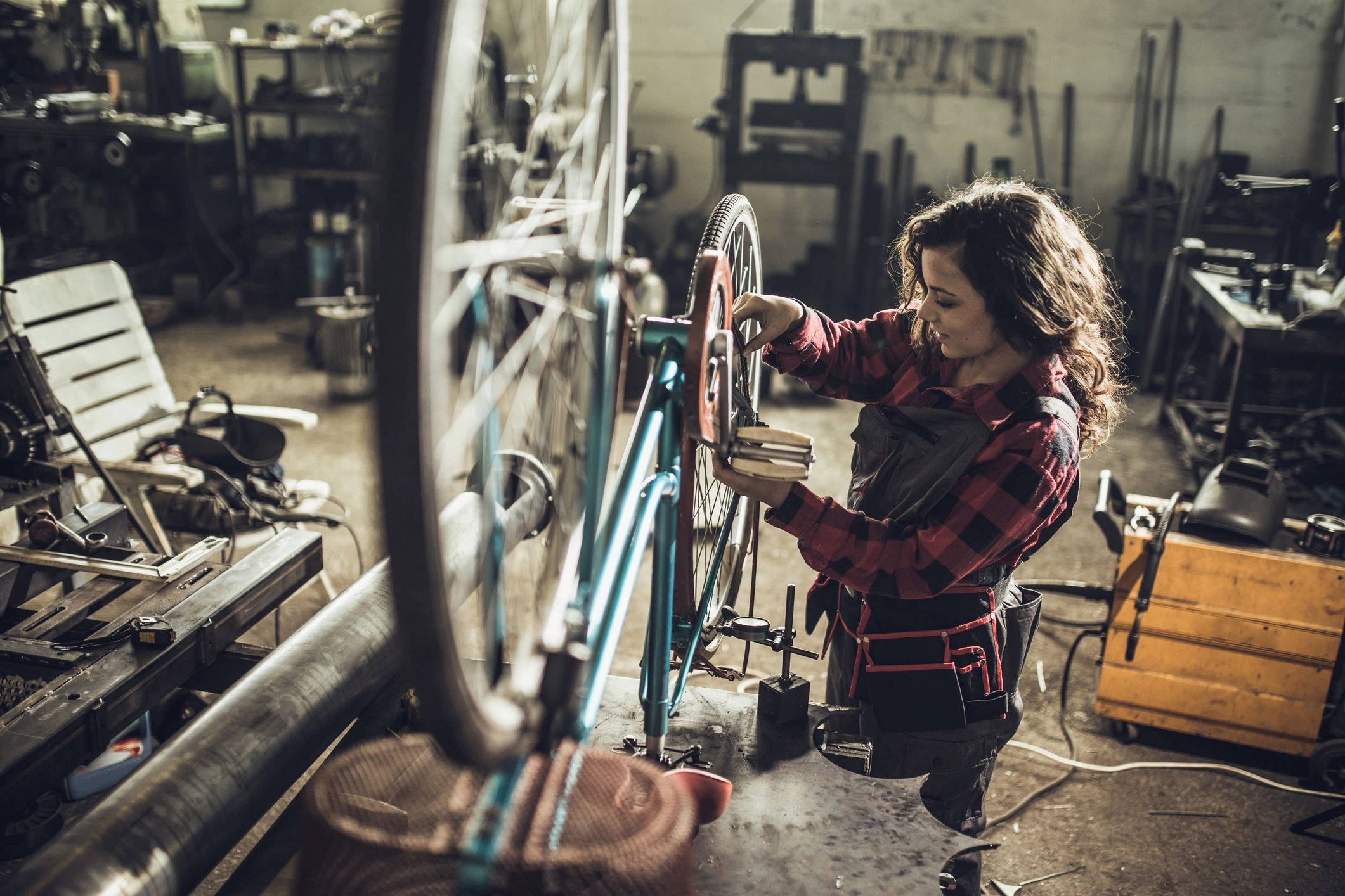 Bicycle repair in a workshop